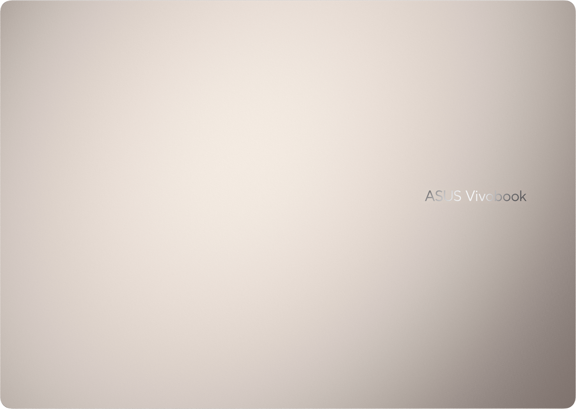 Asus Vivobook Laptop, geschlossen, Draufsicht. Silbernes Gehäuse mit ASUS Vivobook Logo, auf schwarzer Oberfläche.