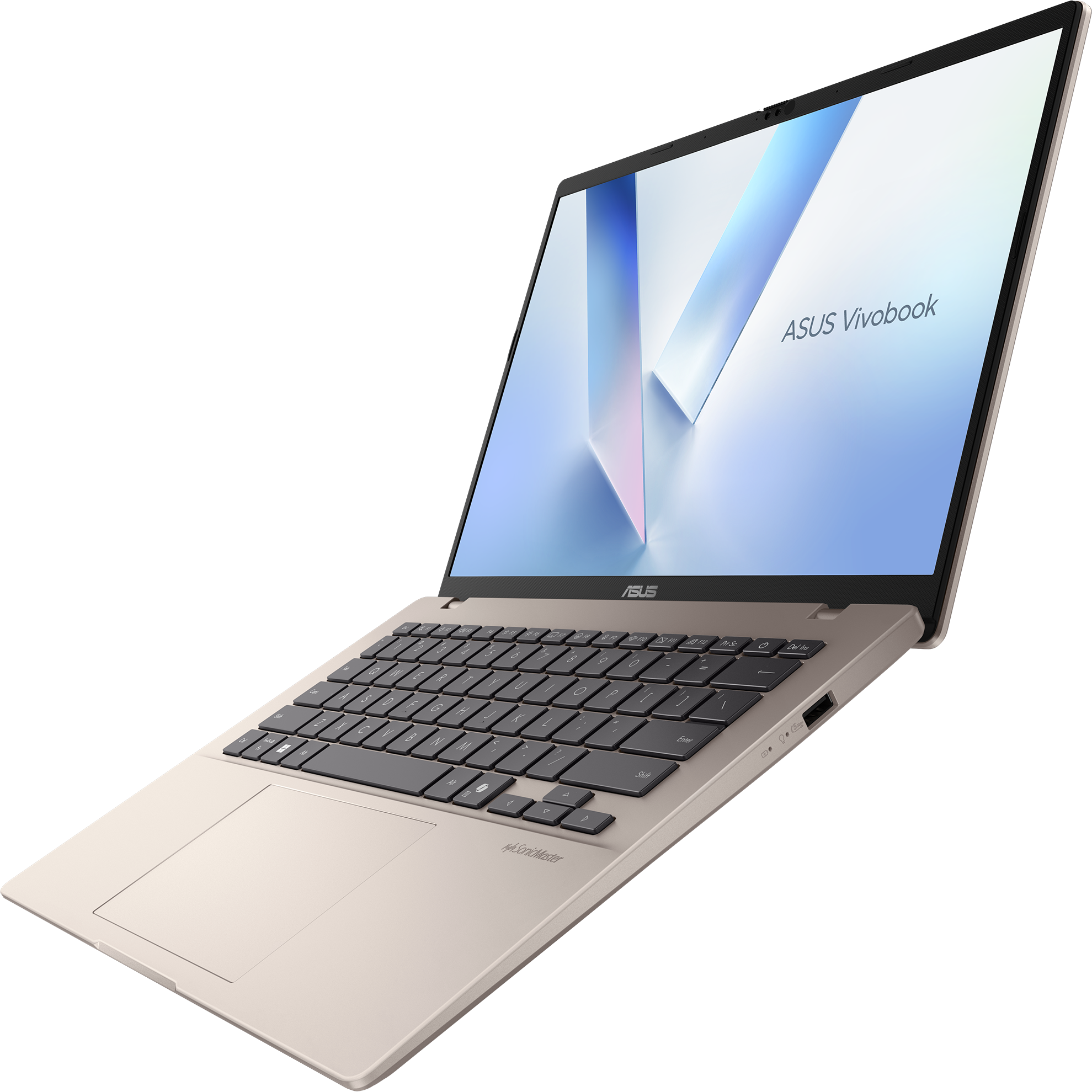 Asus Vivobook Laptop, geöffnet, schräge Ansicht. Zeigt Bildschirm mit hellblauem und weißen Design auf schwarzer Oberfläche.