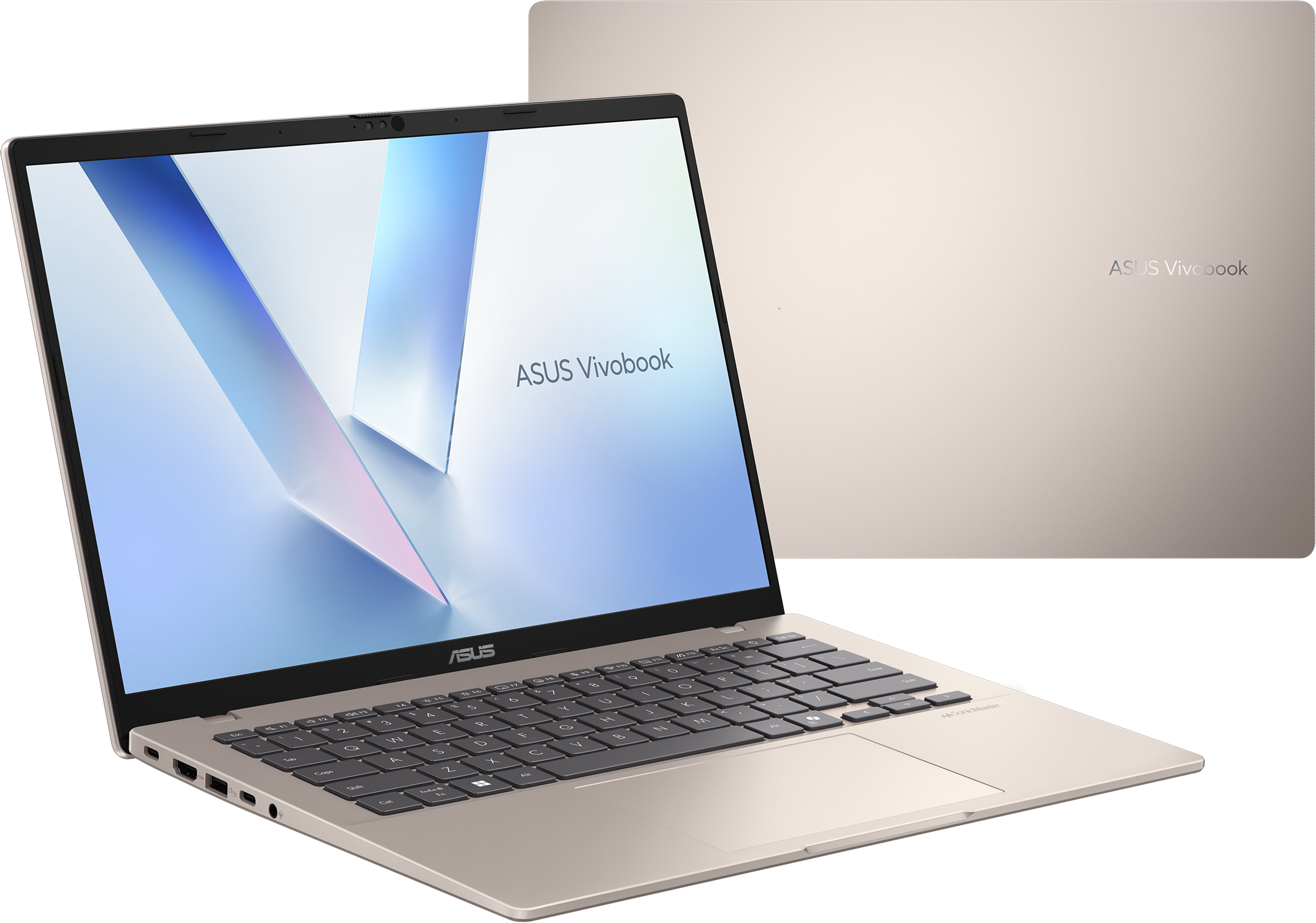 Laptop mit Bildschirm, der ein abstraktes Design und eine Tastatur zeigt. ASUS Vivobook-Logo auf dem Bildschirm.