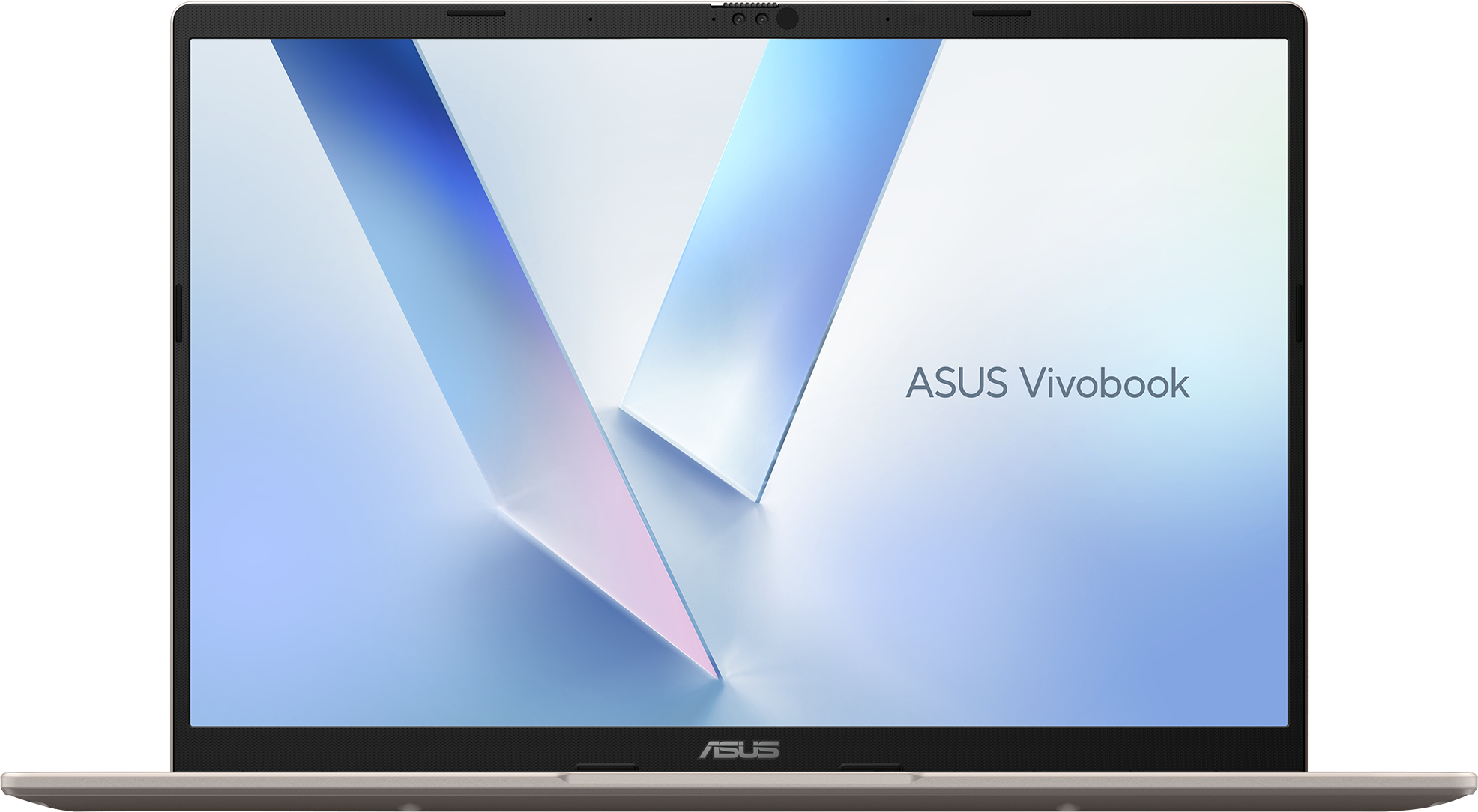 Laptop-Bildschirm, der ein abstraktes Design und das ASUS Vivobook-Logo zeigt.