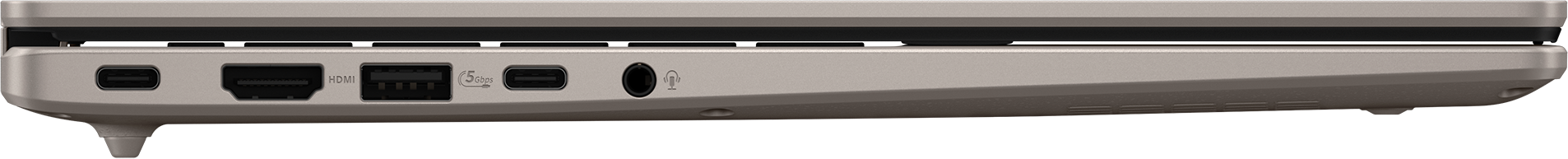 Seitenansicht des Laptops. Zeigt Anschlüsse für USB, HDMI und Audio.