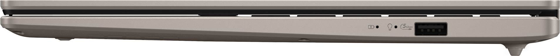 Seitenansicht des Laptops, zeigt USB-Anschlüsse und einen Ladeanschluss.