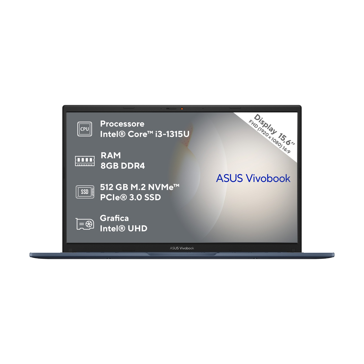 Laptop con specifiche: Intel Core i3, 8GB RAM, 512GB SSD e grafica Intel UHD.