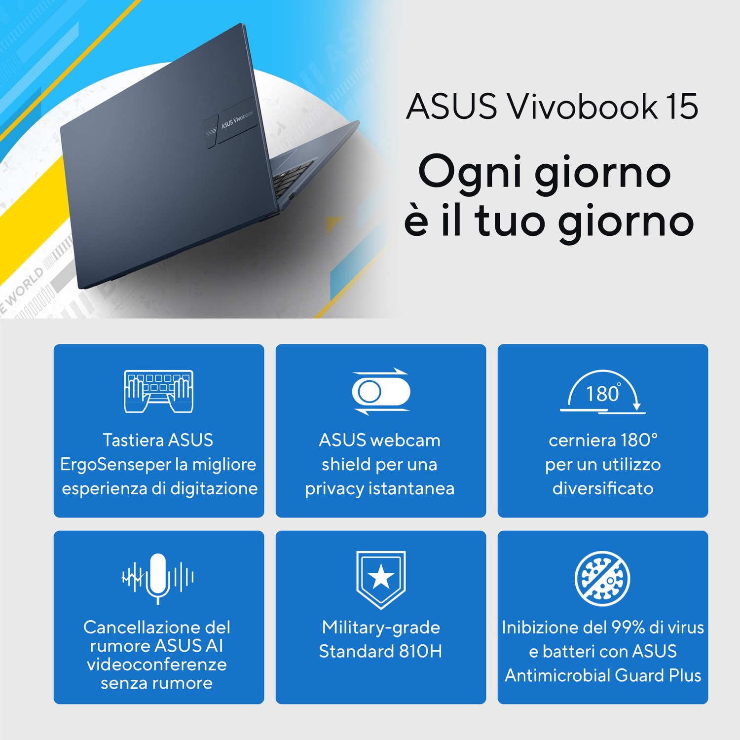 Caratteristiche del laptop ASUS Vivobook 15: tastiera ASUS ErgoSense, schermo webcam, cerniera a 180°.