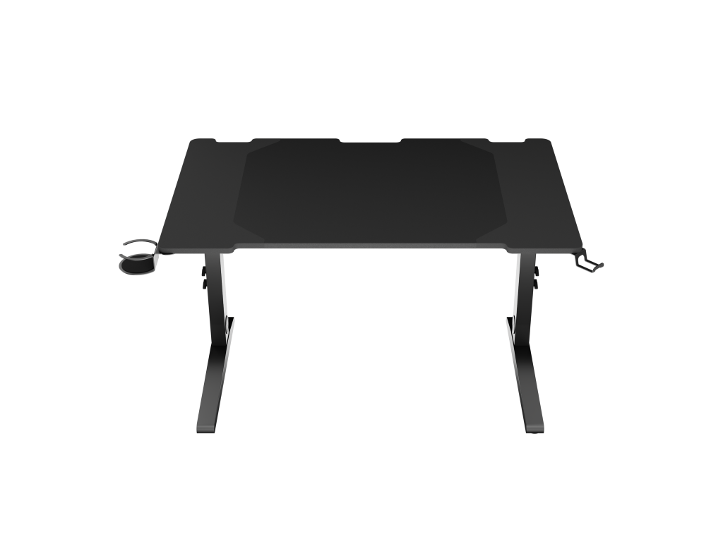 Czarny stół gamingowy z uchwytem na kubek. Czarne tło.