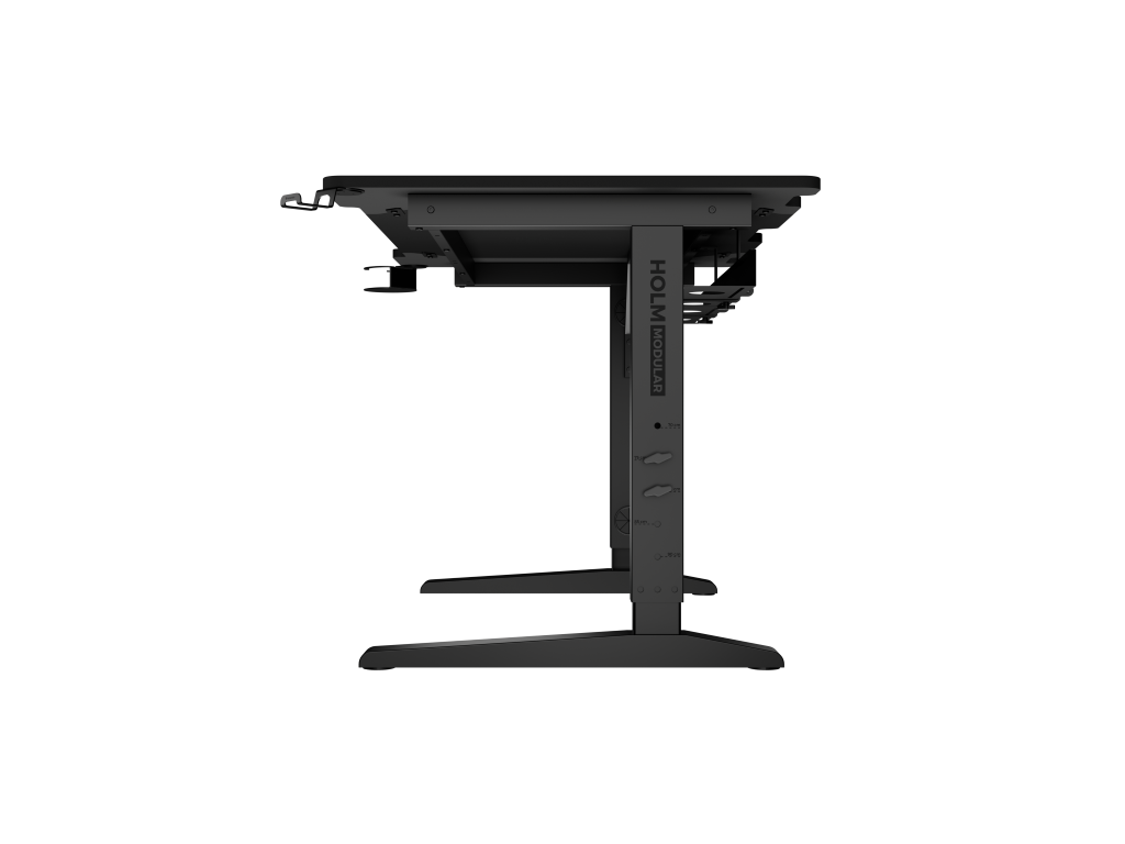 Widok z boku czarnego stołu gamingowego. Stół ma regulowane nogi.