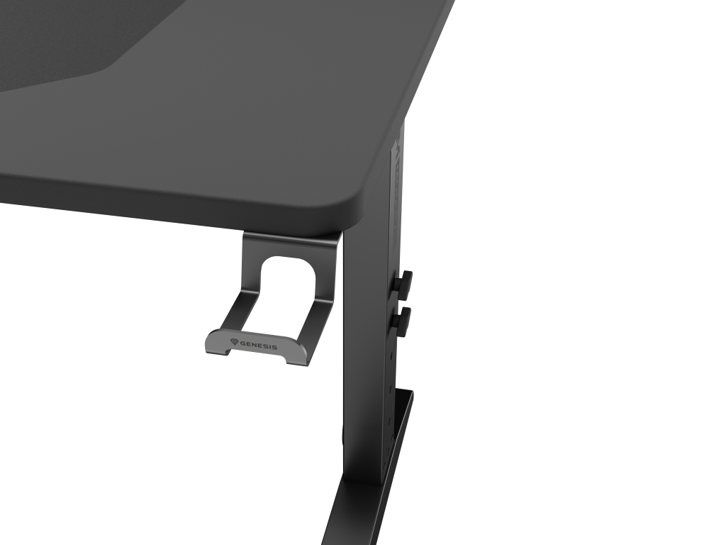 Czarny stół gamingowy z uchwytem na słuchawki. Widoczne logo GENESIS.