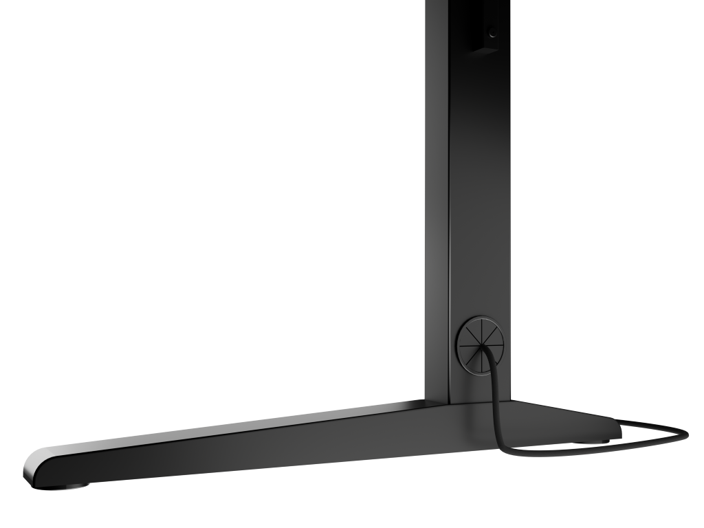 Noga czarnego stołu gamingowego z systemem zarządzania kablami.