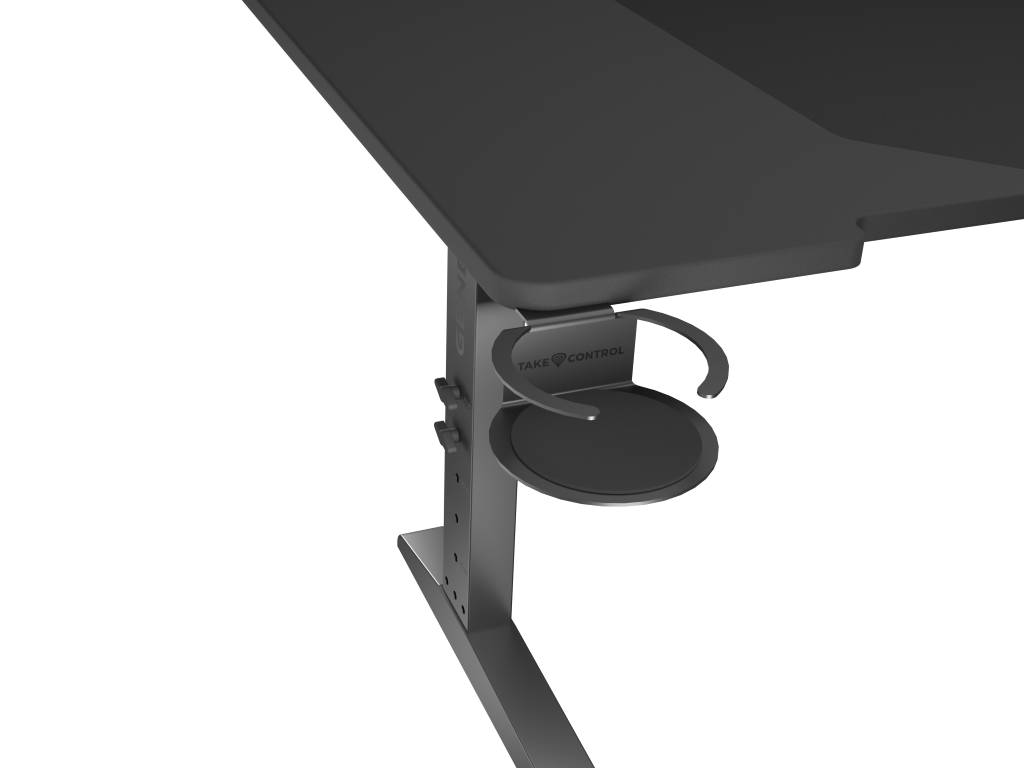 Zbliżenie biurka z dołączonym uchwytem na kubek Take Control, czarny kolor.