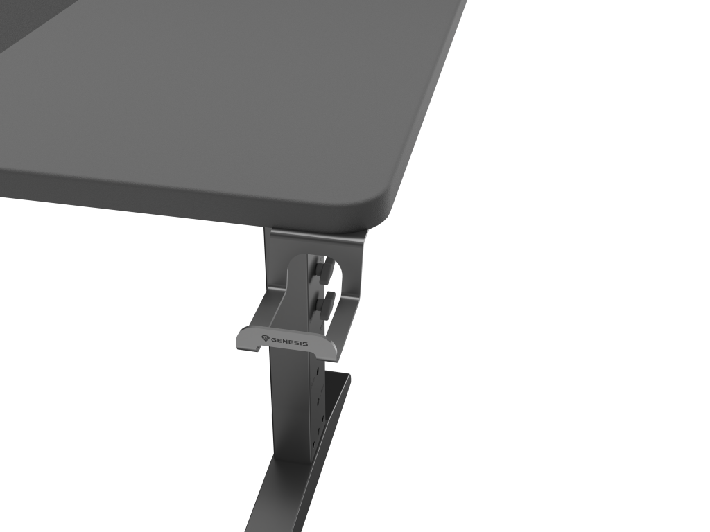 Zbliżenie biurka z dołączonym uchwytem na słuchawki Genesis, czarny.
