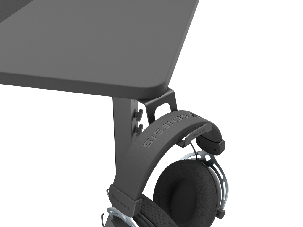 Zbliżenie biurka z uchwytem i słuchawkami Genesis, czarny.
