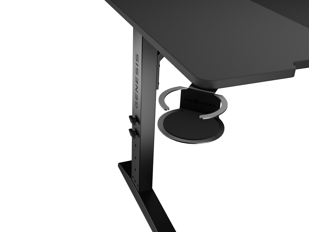 Zbliżenie biurka z dołączonym uchwytem na kubek Take Control, czarny kolor.