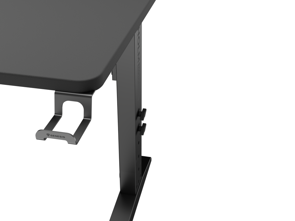 Zbliżenie biurka z dołączonym uchwytem na słuchawki Genesis, czarny.