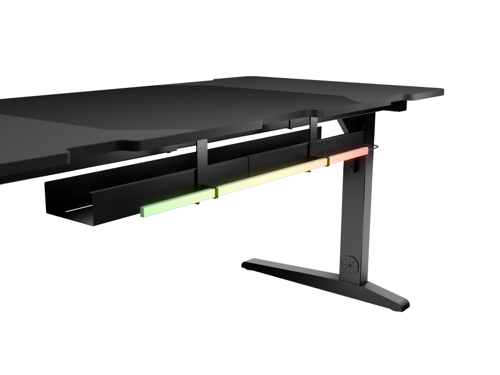 Czarne biurko z wielokolorowym oświetleniem pod biurkiem.