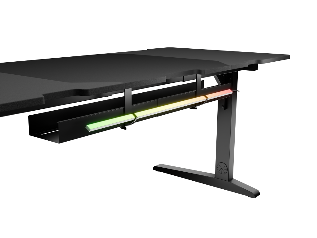 Czarne biurko z wielokolorowym oświetleniem pod biurkiem.