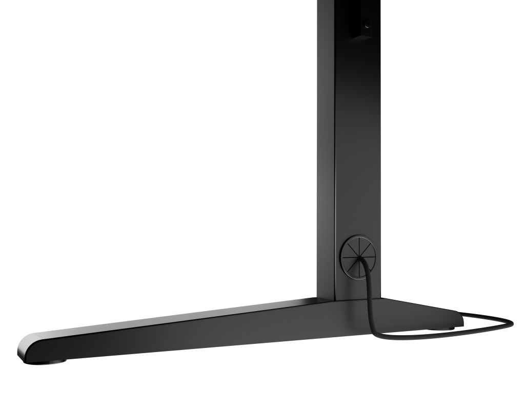 Czarna noga i podstawa biurka z systemem prowadzenia kabli. Podstawa jest płaska i stabilna.