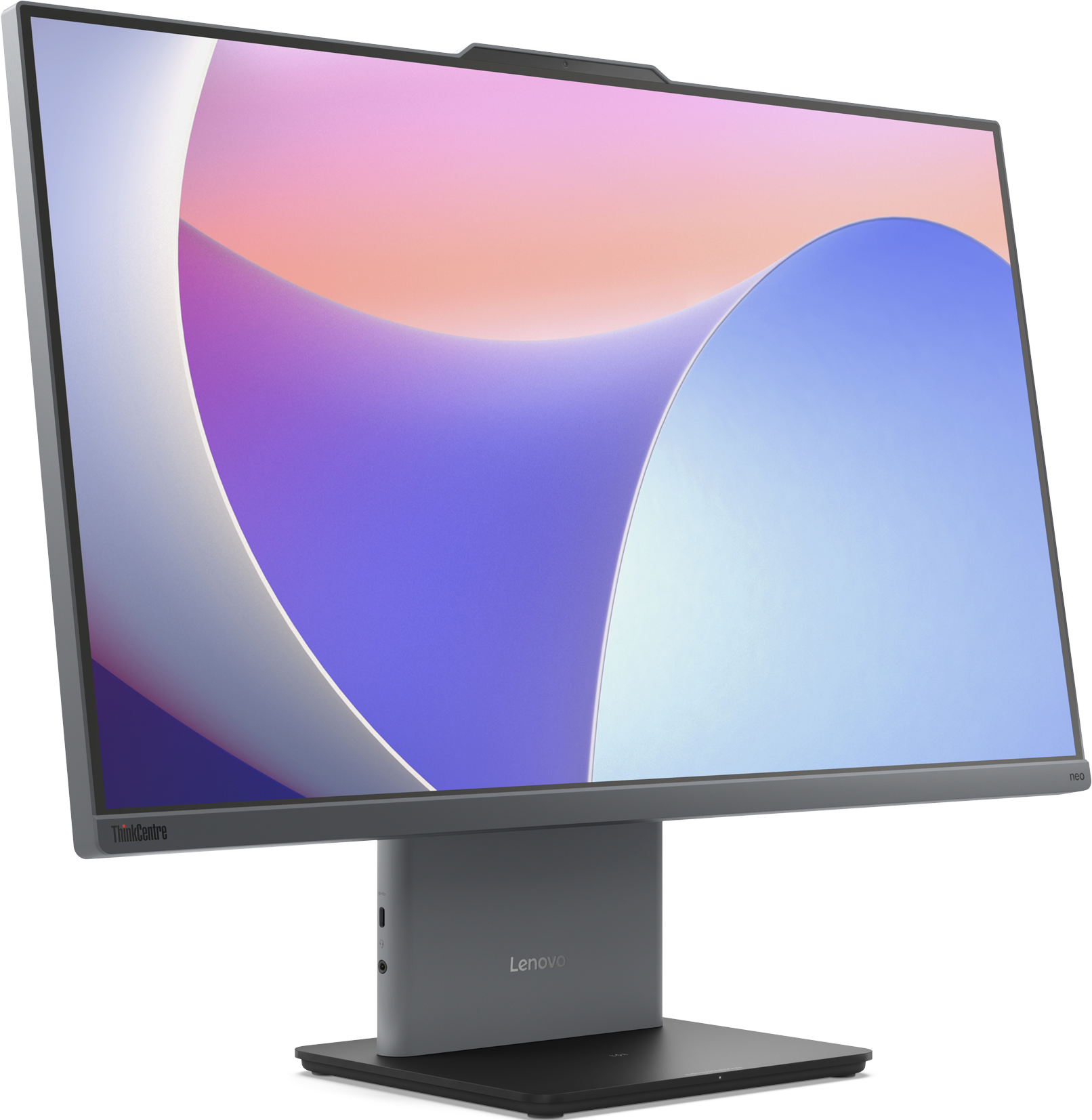 Lenovo ThinkCentre Neo-Monitor mit gewölbtem Bildschirm aus einem Winkel. Der Hintergrund zeigt farbenfrohes Design.