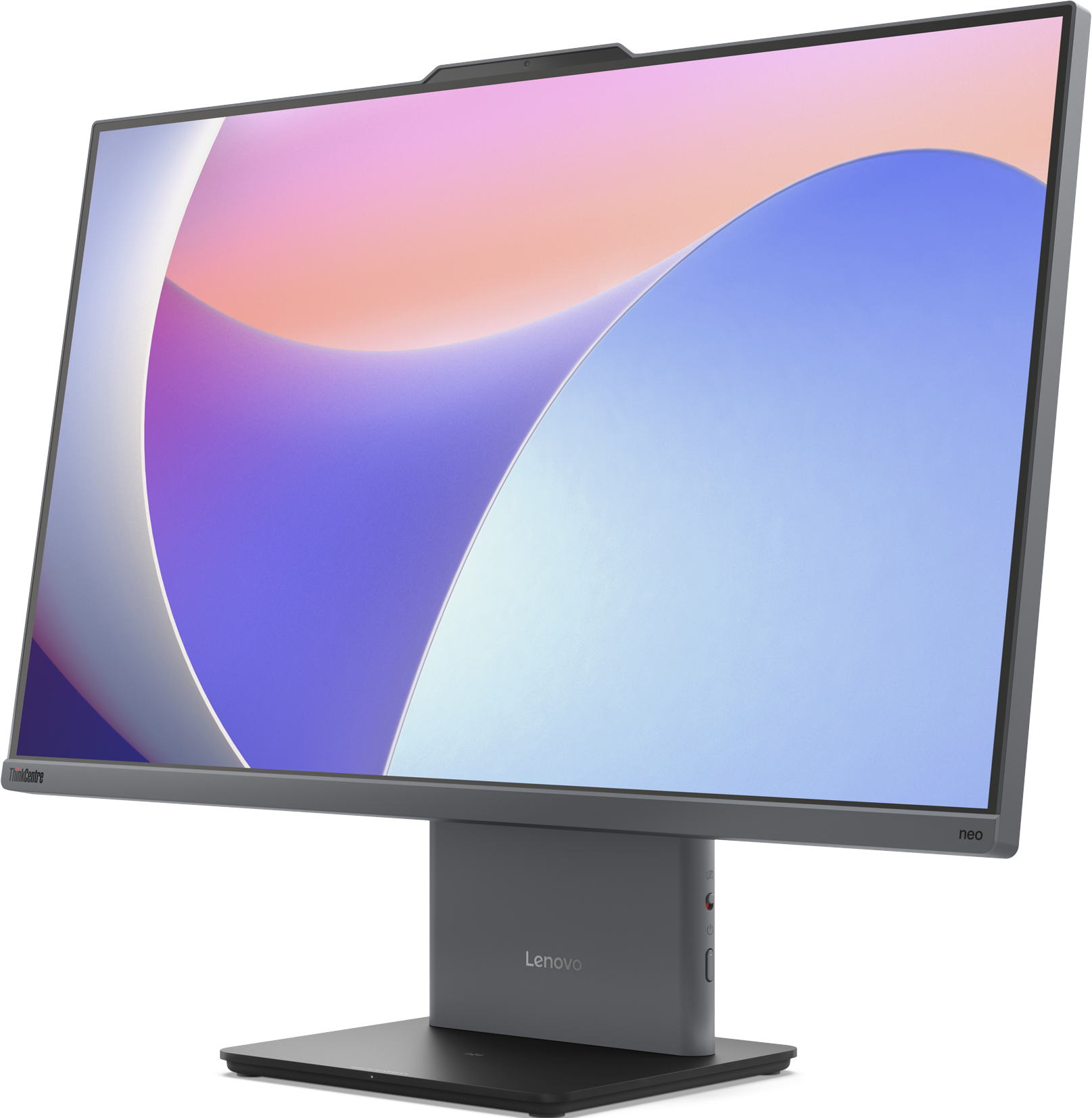 Eine schräge Ansicht eines Lenovo ThinkCentre Neo-Monitors mit gewölbtem Bildschirm. Bunter Hintergrund.