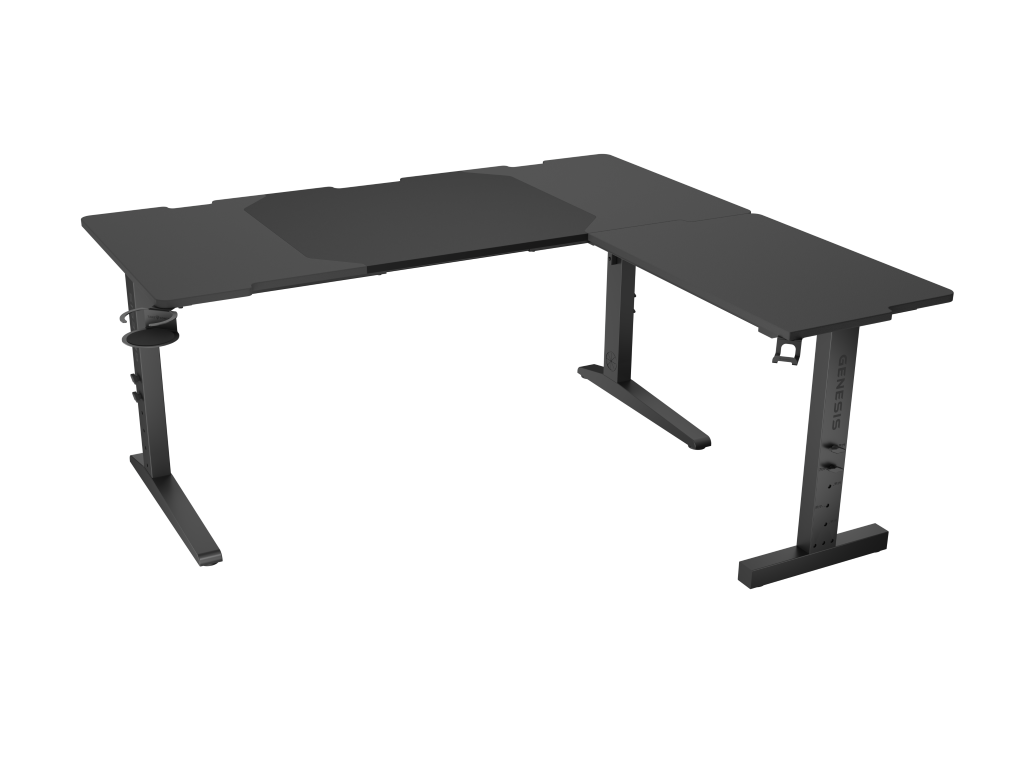 Czarny stół do gier z regulowaną wysokością i kształtem L. Czarne tło.