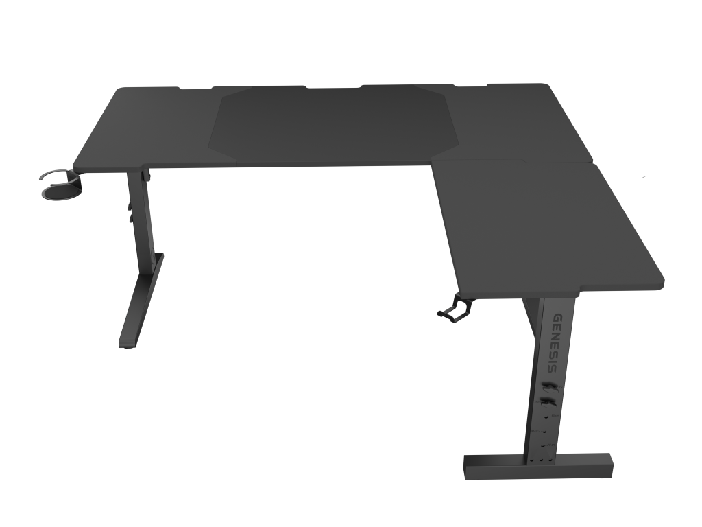 Czarny biurko gamingowe w kształcie litery L z uchwytem na kubek. Biurko ma czarne tło.