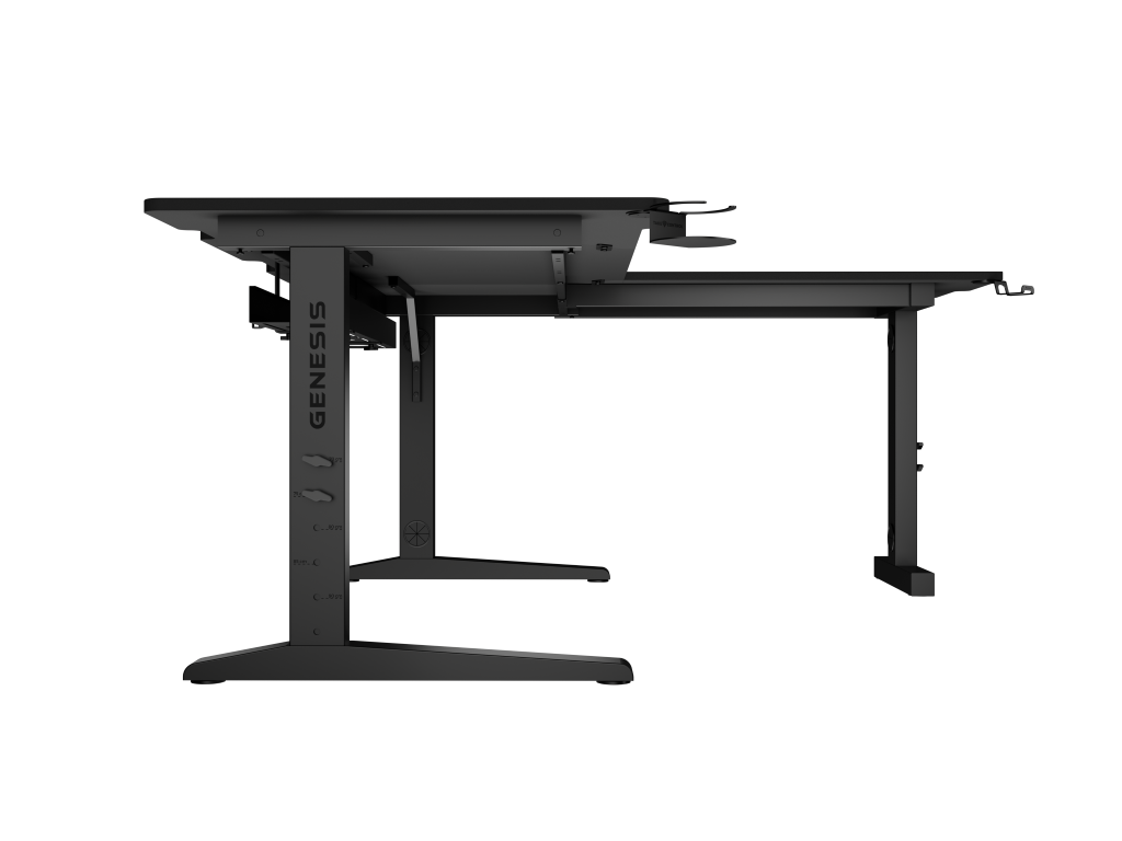 Widok od spodu czarnego biurka gamingowego w kształcie litery L. Biurko ma czarne tło.