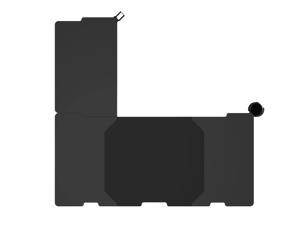 Widok z góry na czarne biurko gamingowe w kształcie litery L. Biurko ma czarne tło.