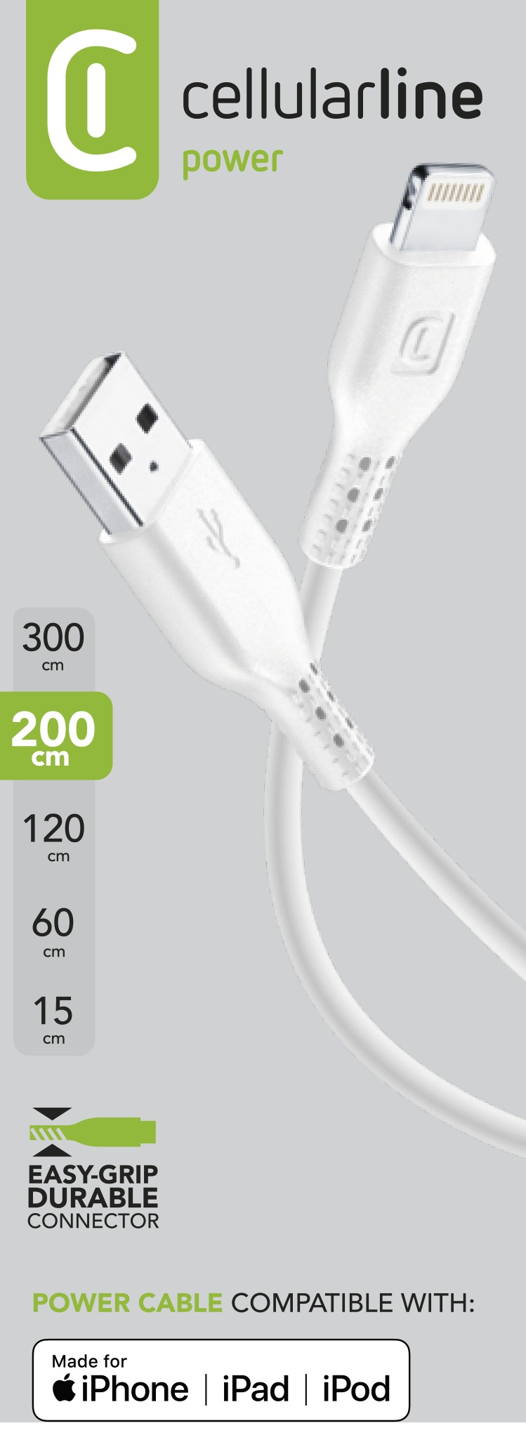 Weißes Kabel mit USB- und Lightning-Anschlüssen. Text: Stromkabel kompatibel mit iPhone, iPad, iPod.