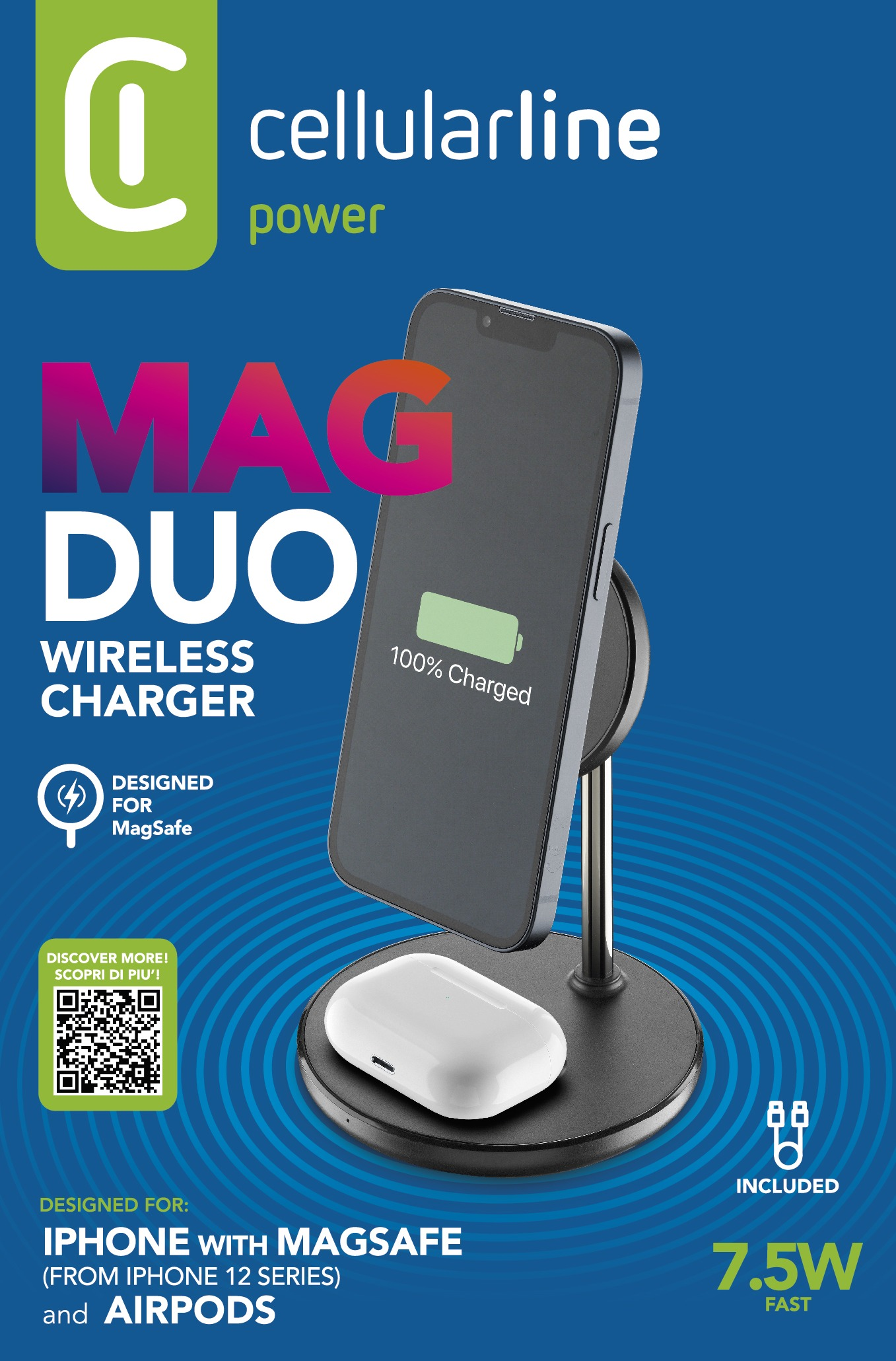 Mag Duo kabelloses Ladegerät, schwarz, mit Telefon und AirPods, 100% geladen.