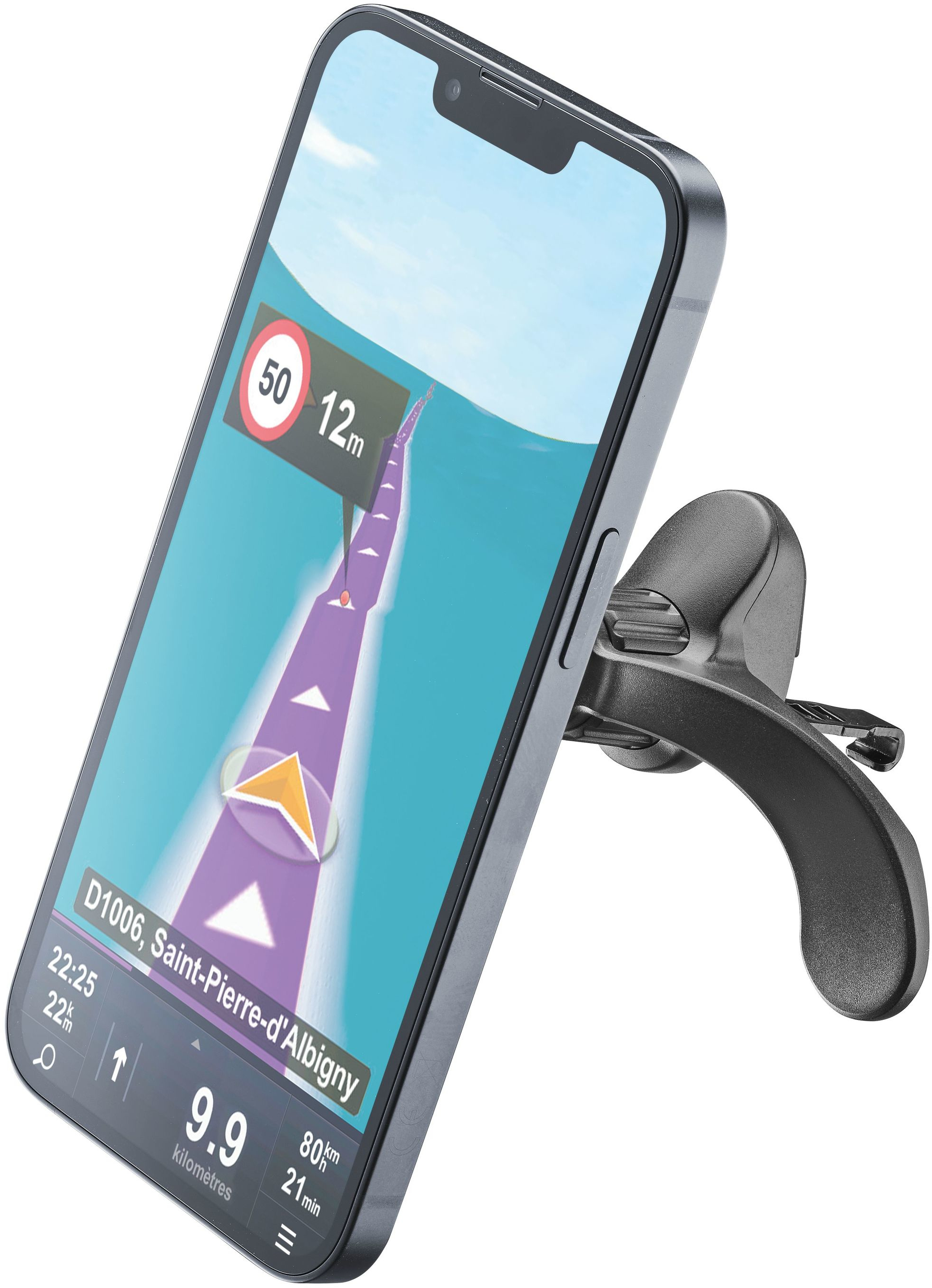 Telefon in einer Lüftungshalterung im Auto. Navigationsbildschirm wird angezeigt. Text: Telefon in Lüftungshalterung.