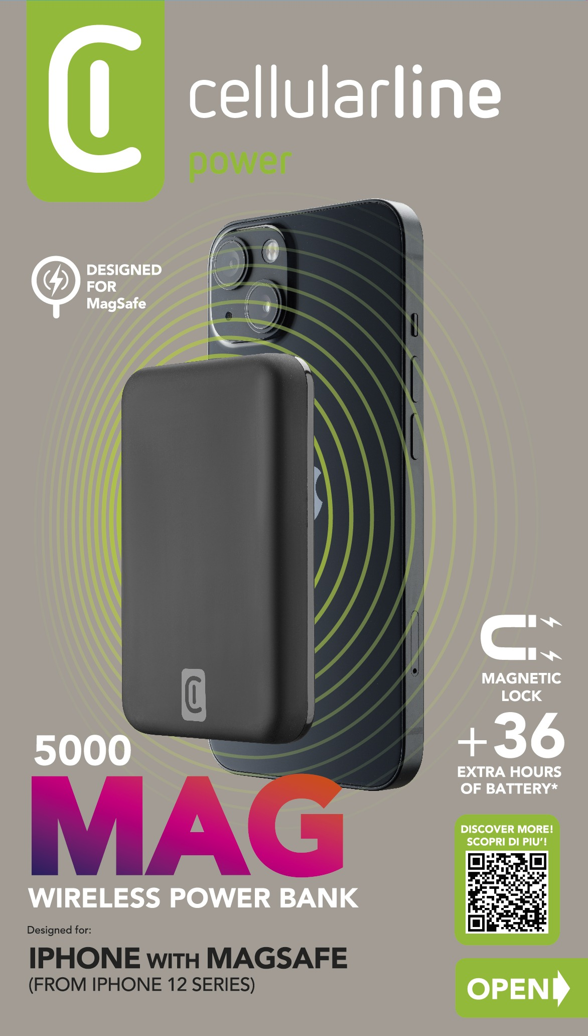 Schwarze Powerbank neben einem schwarzen iPhone. Der Text auf der Bank lautet 5000 MAG und 'Designed for MagSafe'.