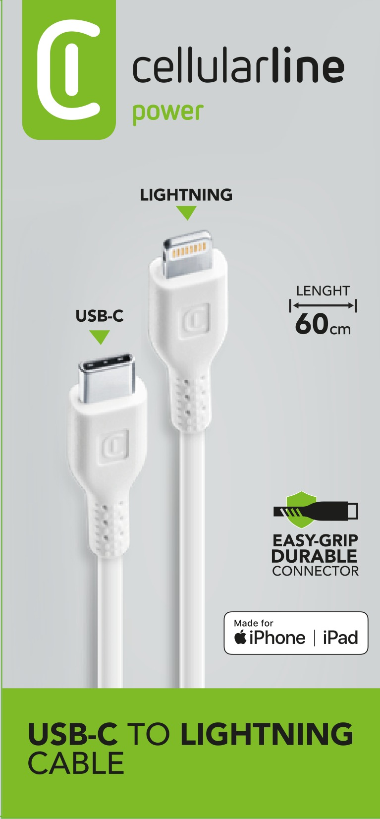 Weißes USB-C-zu-Lightning-Kabel mit weißem Stecker. Das Kabel ist 60 cm lang. Grüner Hintergrund.