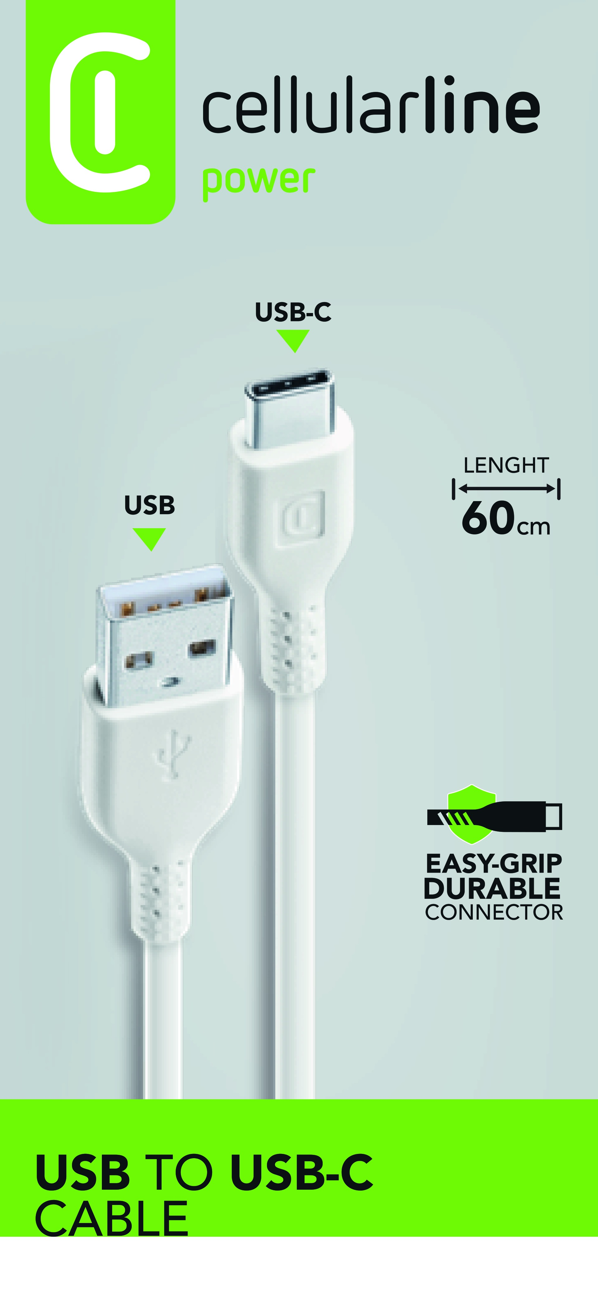Weißes USB-zu-USB-C-Kabel mit weißen Steckern. Das Kabel ist 60 cm lang. Grüner Hintergrund.