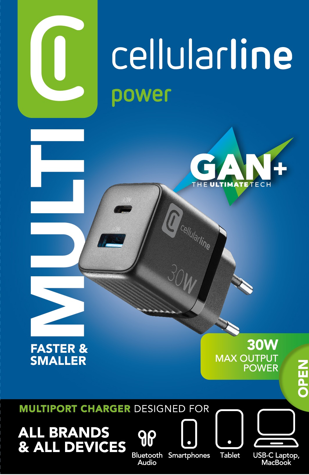 Schwarzes Multiport-Ladegerät mit zwei Anschlüssen. Es steht 30W MAX OUTPUT POWER. Grüne und blaue Akzente.