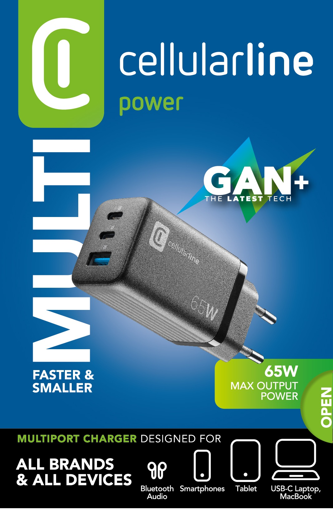 Graues Multiport-Ladegerät mit drei Anschlüssen. Text: Multiport-Ladegerät für alle Marken und Geräte.