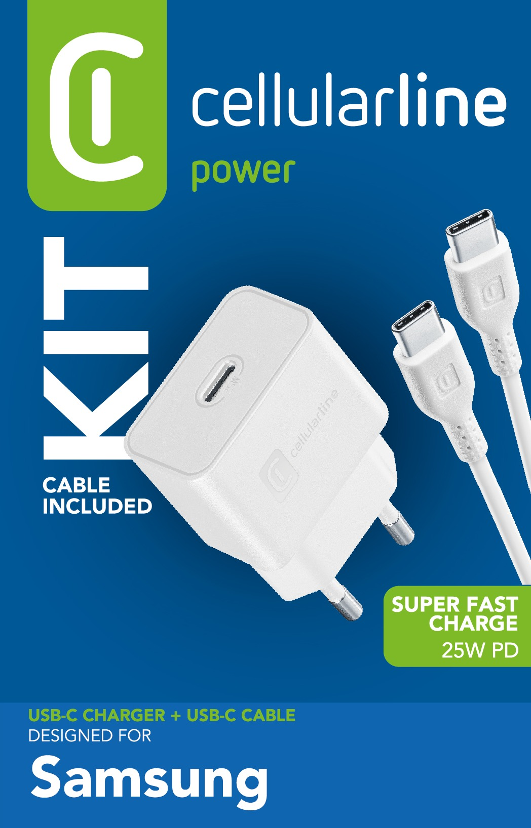 Weißes Ladegerät mit einem USB-C-Anschluss und einem weißen USB-C-Kabel. Der Text lautet 'SUPER FAST CHARGE 25W PD'.