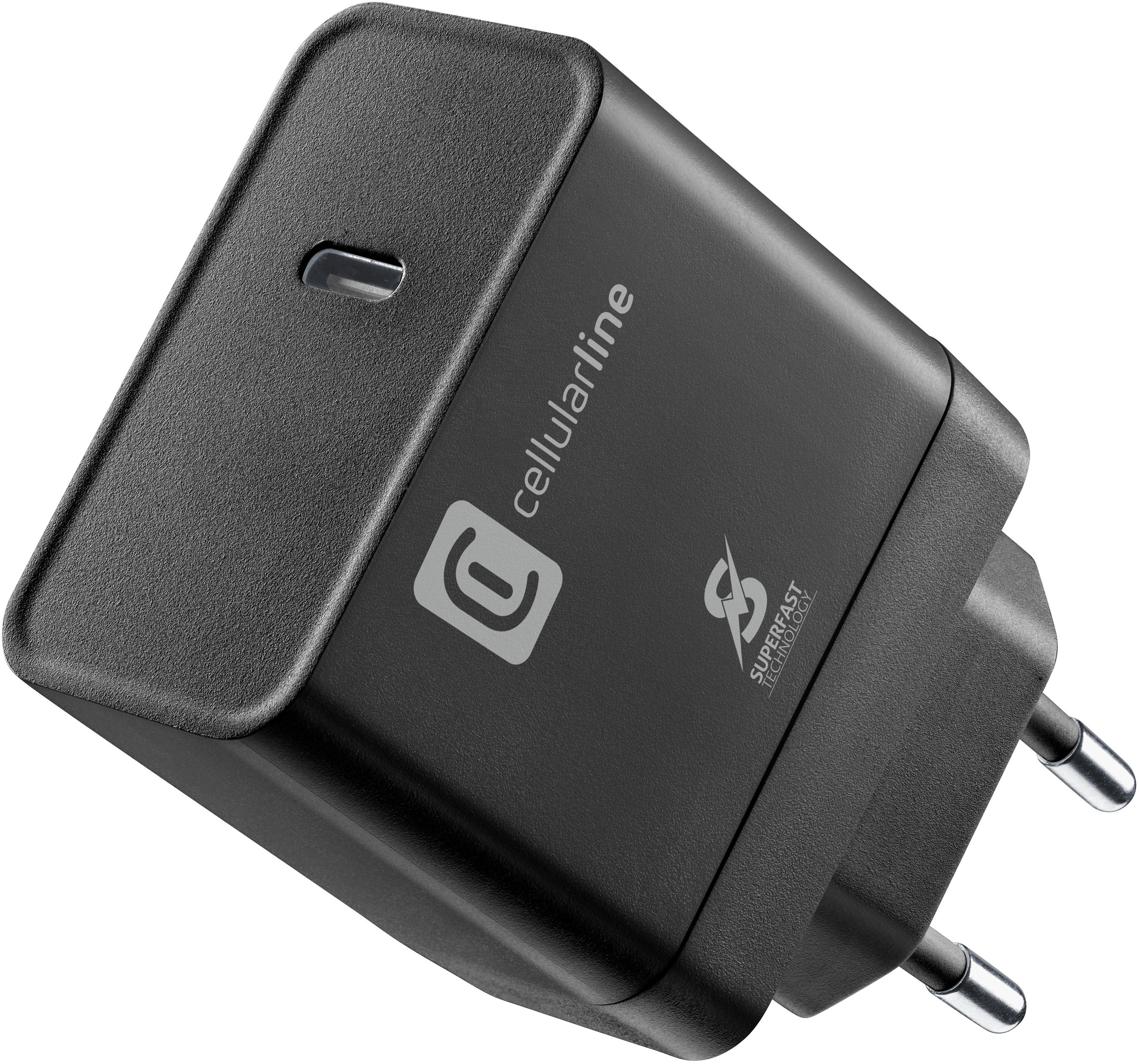 Schwarzes Ladegerät mit USB-C-Anschluss und zwei Stiften. Text: cellularline.