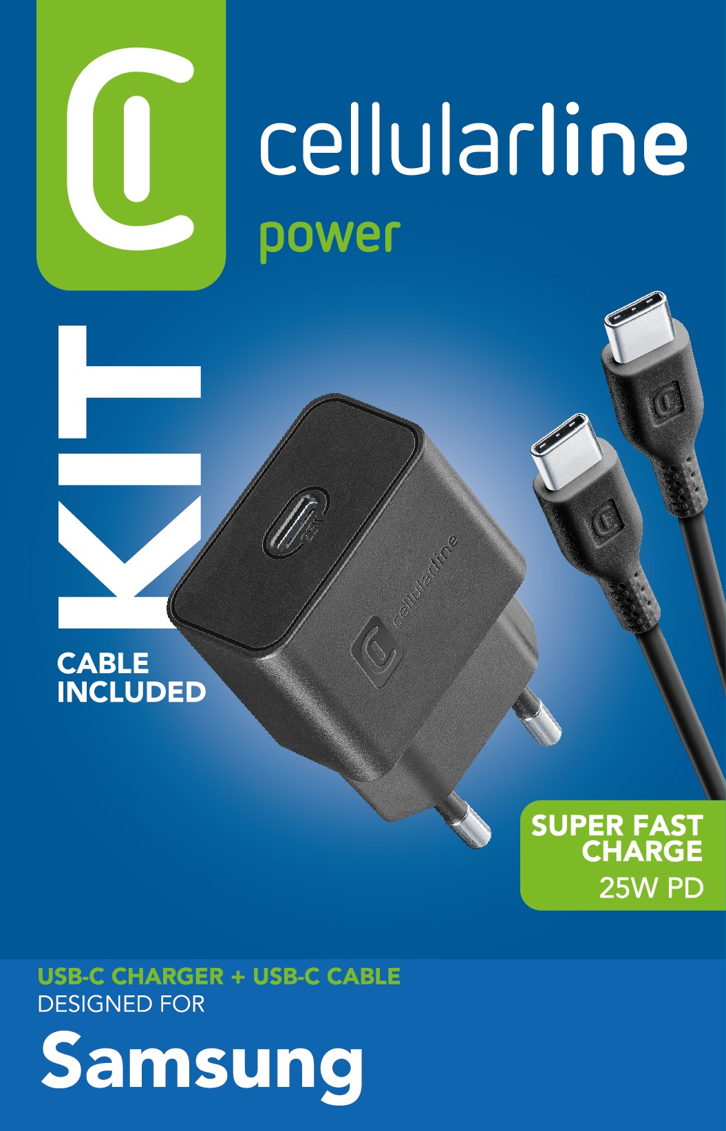 Schwarzes Ladegerät mit USB-C-Anschluss und schwarzem USB-C-Kabel. Text: USB-C-Ladegerät + Kabel für Samsung.