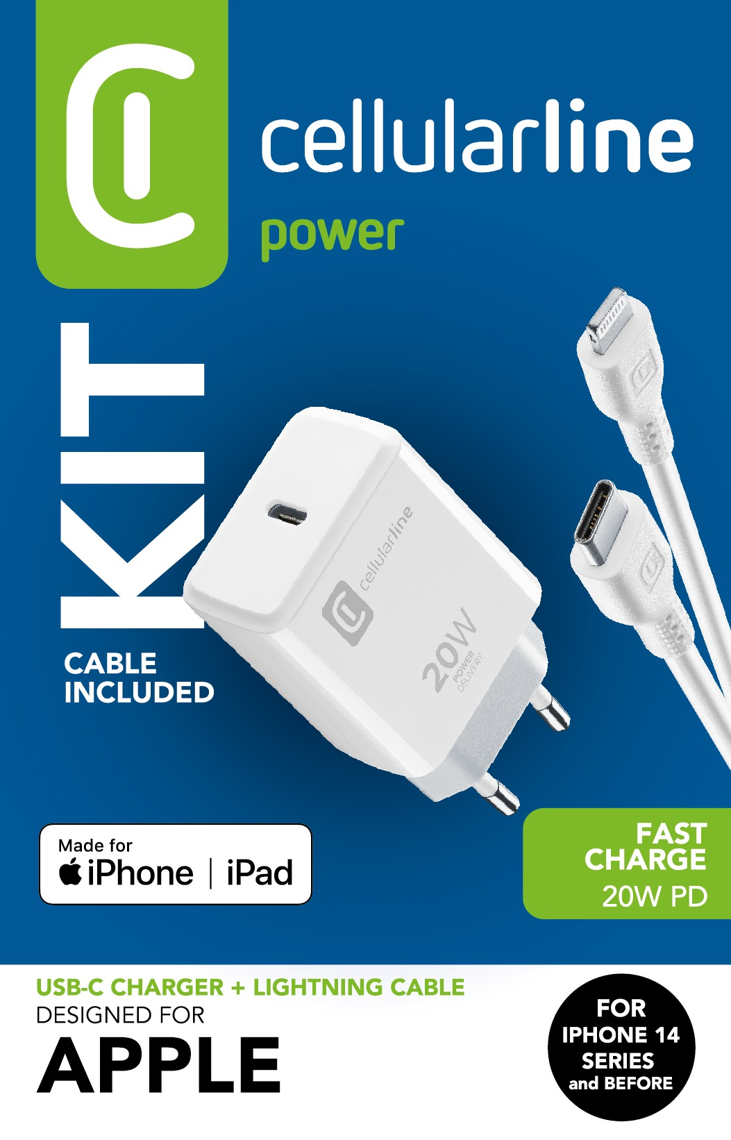 Weißes Ladegerät mit USB-C-Anschluss und Lightning-Kabel. Es steht 'FAST CHARGE 20W PD'. Für iPhone.