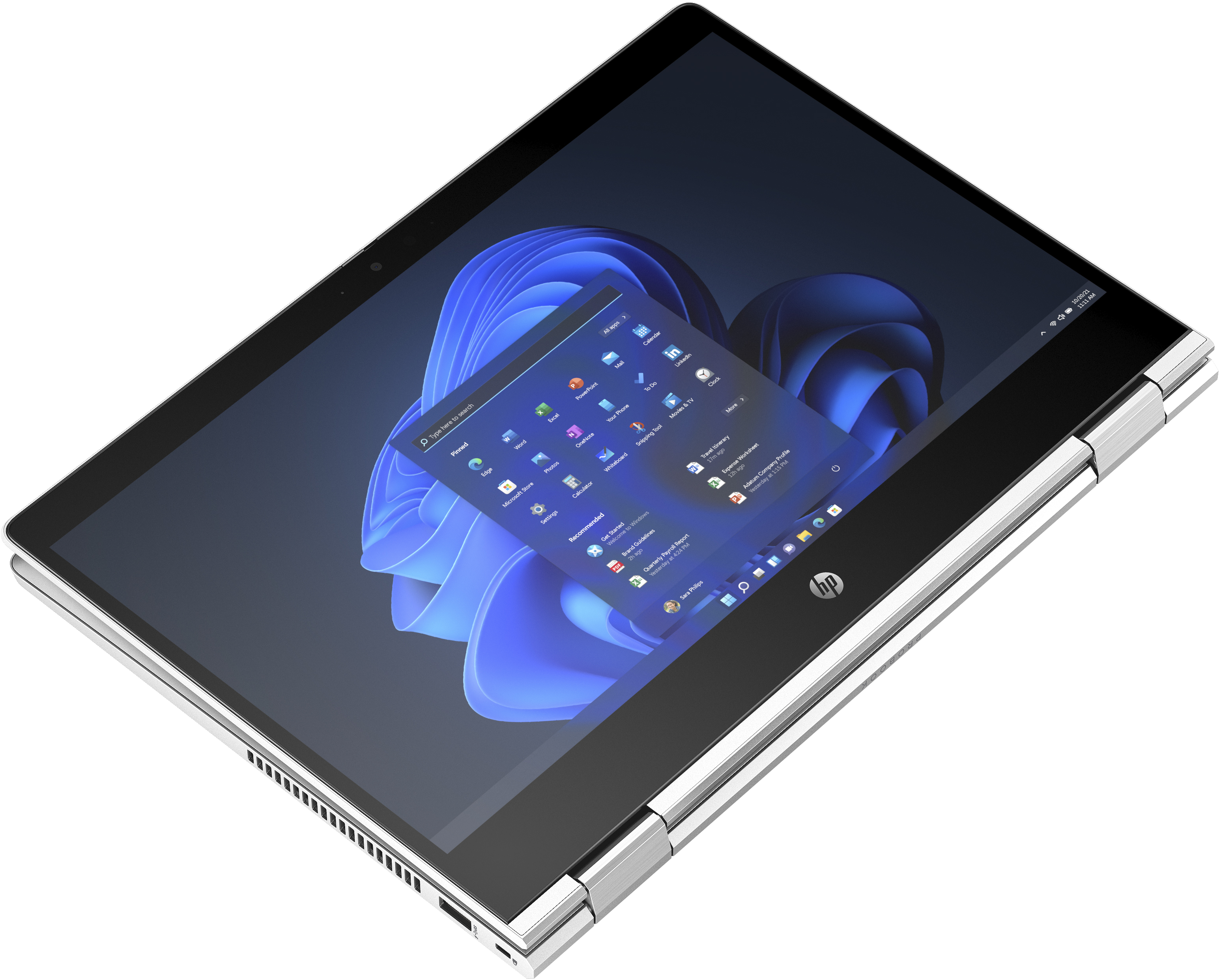 Laptop-Bildschirm zeigt Windows-Startbildschirm. Der Bildschirm ist nach oben abgewinkelt.
