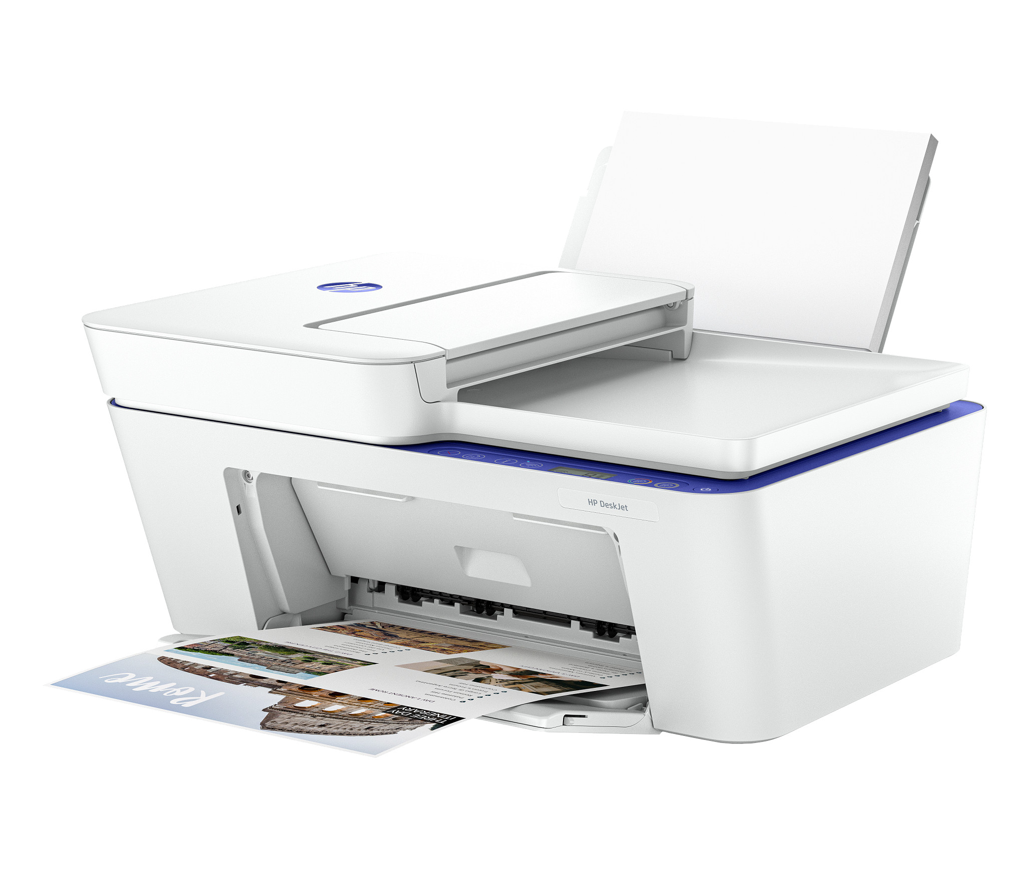 Ein weiß-blauer Drucker mit geöffnetem Papierfach, der Dokumente druckt, wird gezeigt.