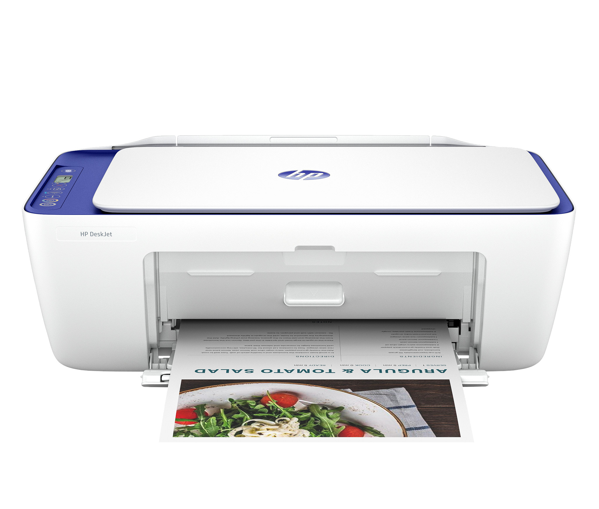 Ein weiß-blauer Drucker, der ein farbenfrohes Bild von Essen druckt, wird gezeigt.