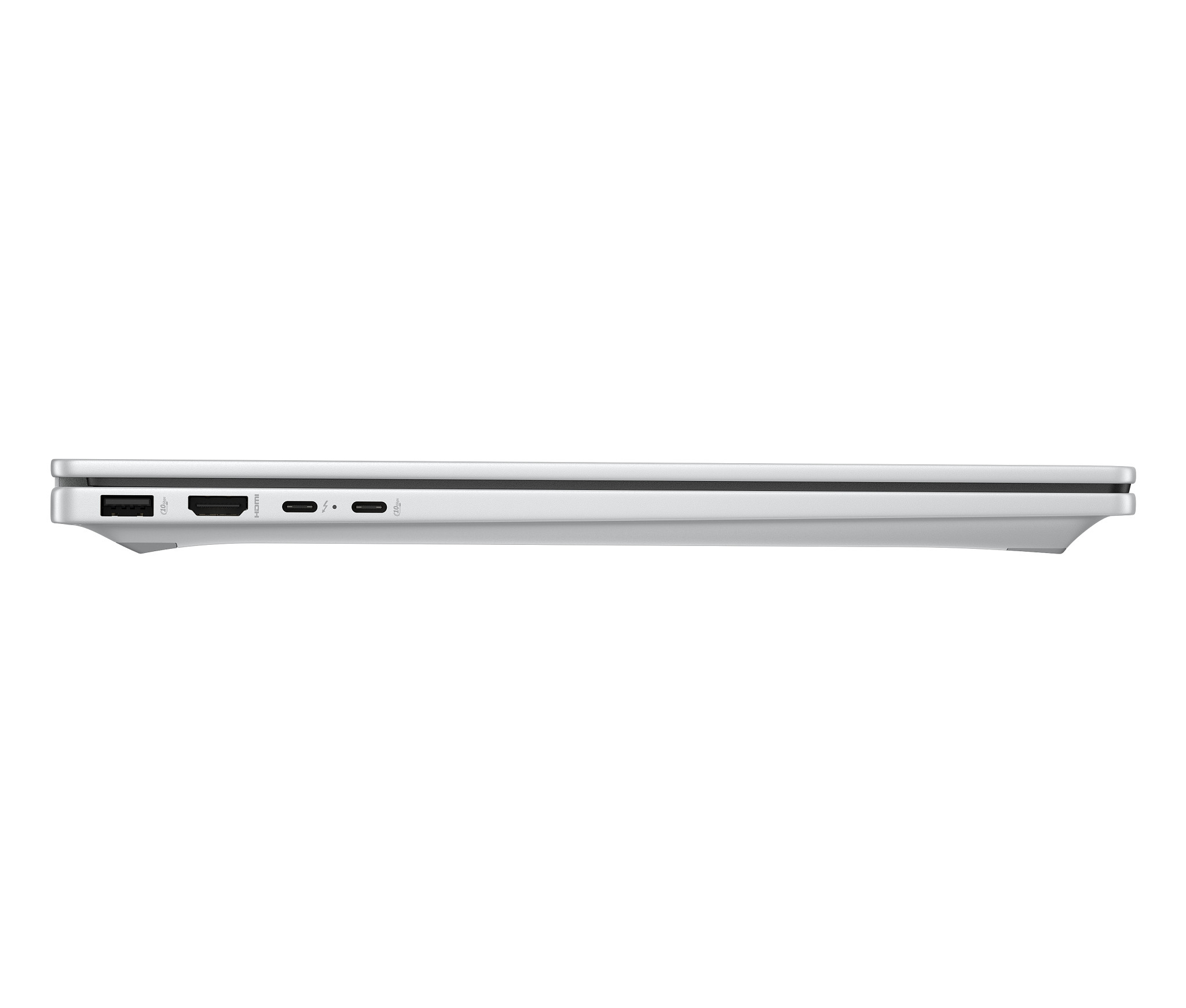 Seitenansicht der Anschlüsse eines silbernen Laptops. HDMI, USB-C und Ladeanschluss. Weißer Hintergrund.