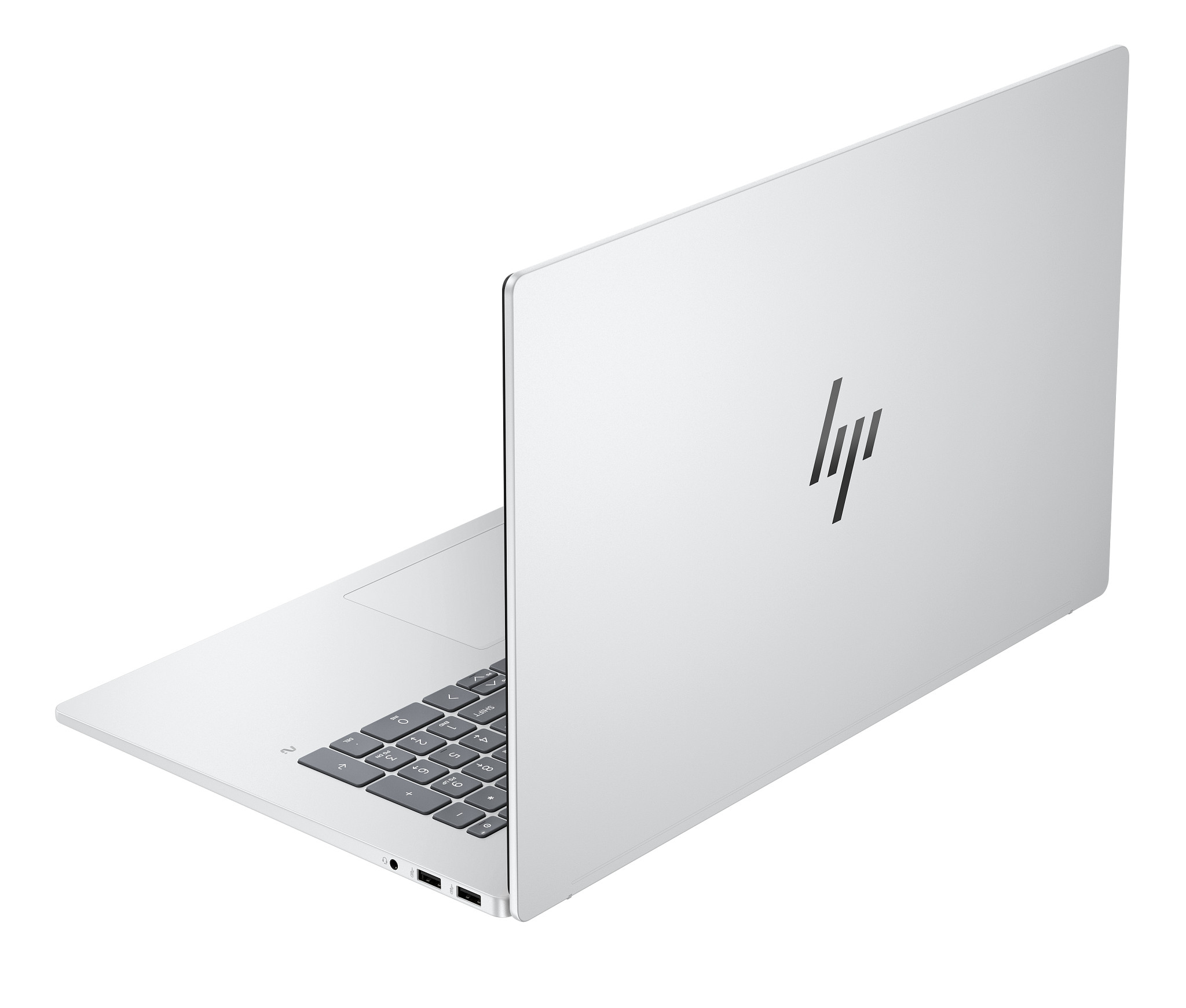 Silberner Laptop mit Rückseite. Das HP-Logo ist sichtbar. Die Tastatur ist teilweise sichtbar.