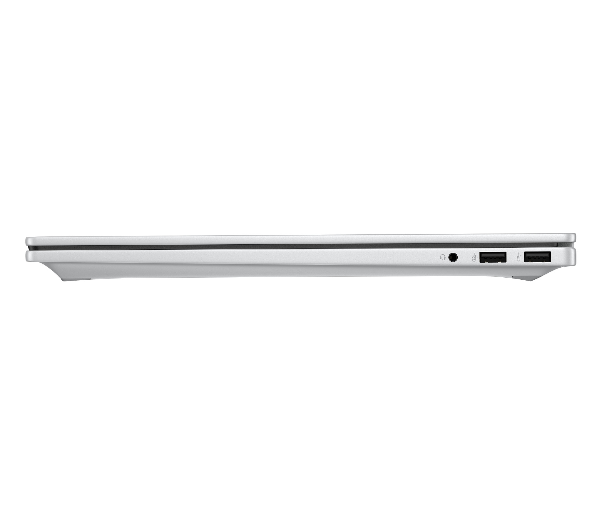 Seitenansicht der Anschlüsse eines silbernen Laptops: Kopfhöreranschluss, USB-Anschluss. Weißer Hintergrund.