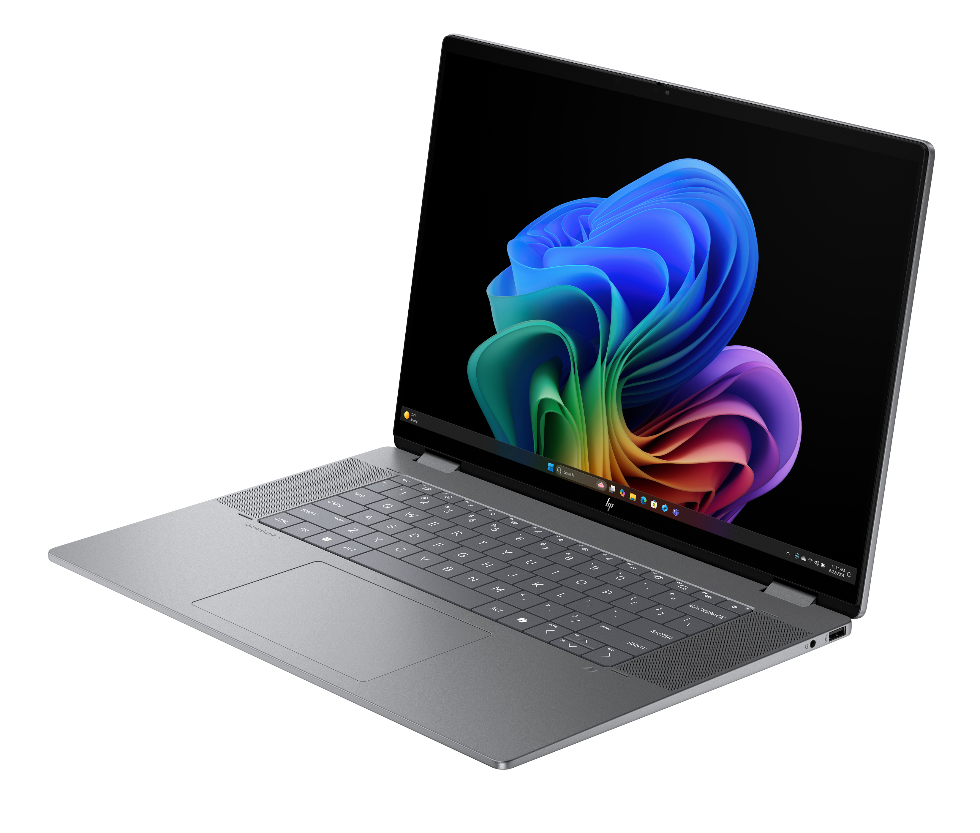 Silberner Laptop, geöffnet, zeigt farbenfrohe Windows-Anzeige.