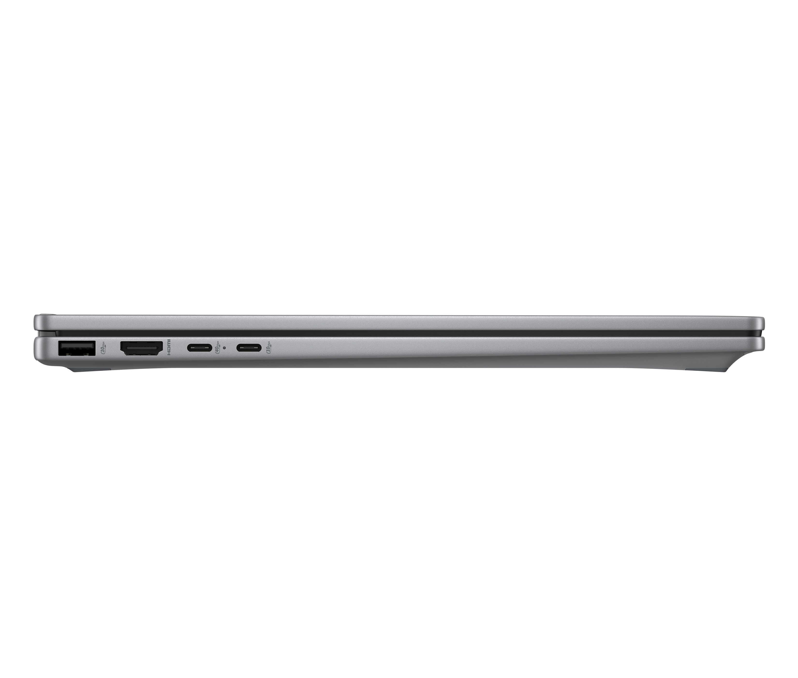 Silberner HP-Laptop, offen, Vorderansicht, Bildschirm zeigt ein abstraktes Bild.
