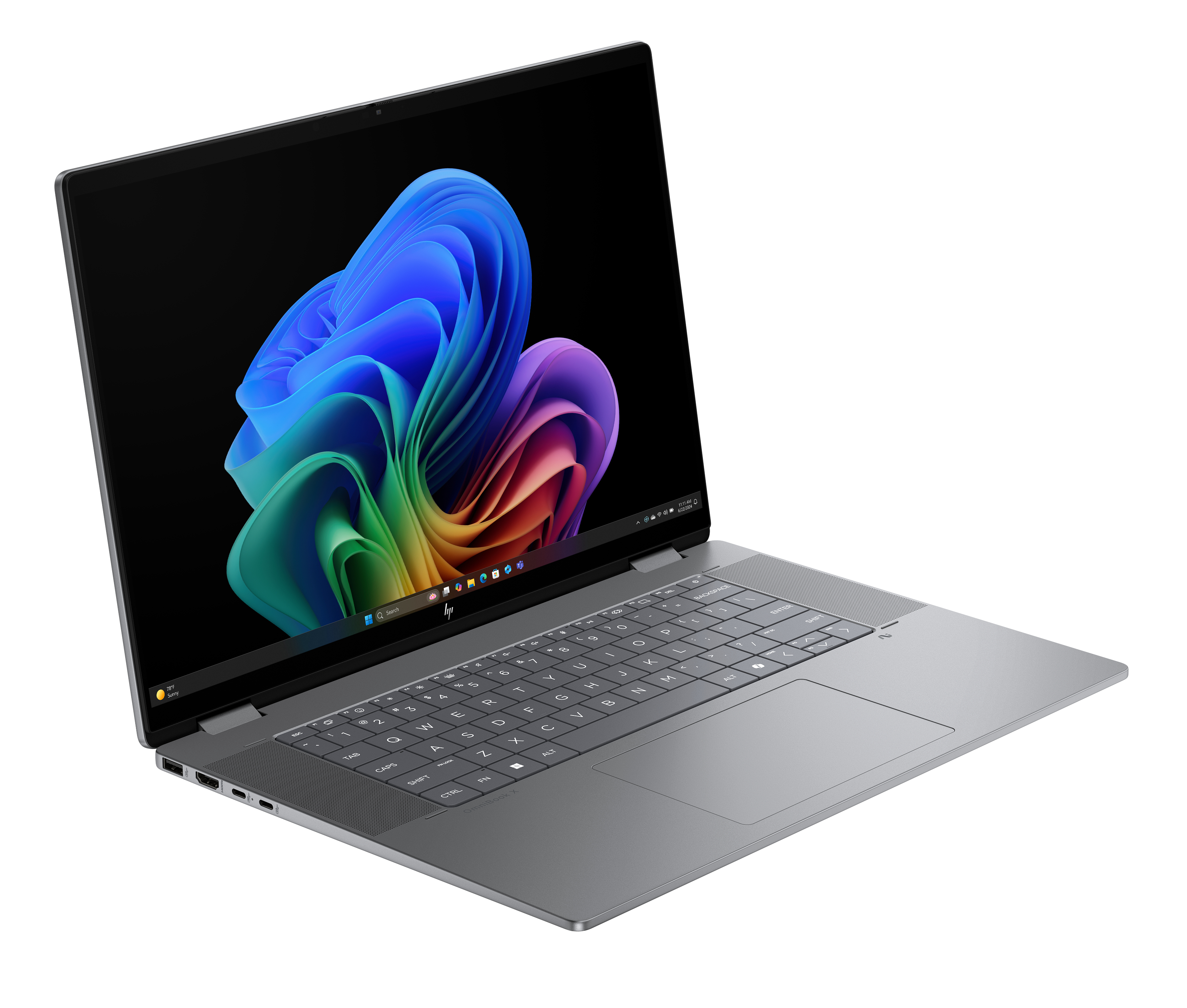 Silberner Laptop, geöffnet, zeigt farbenfrohe Windows-Anzeige.