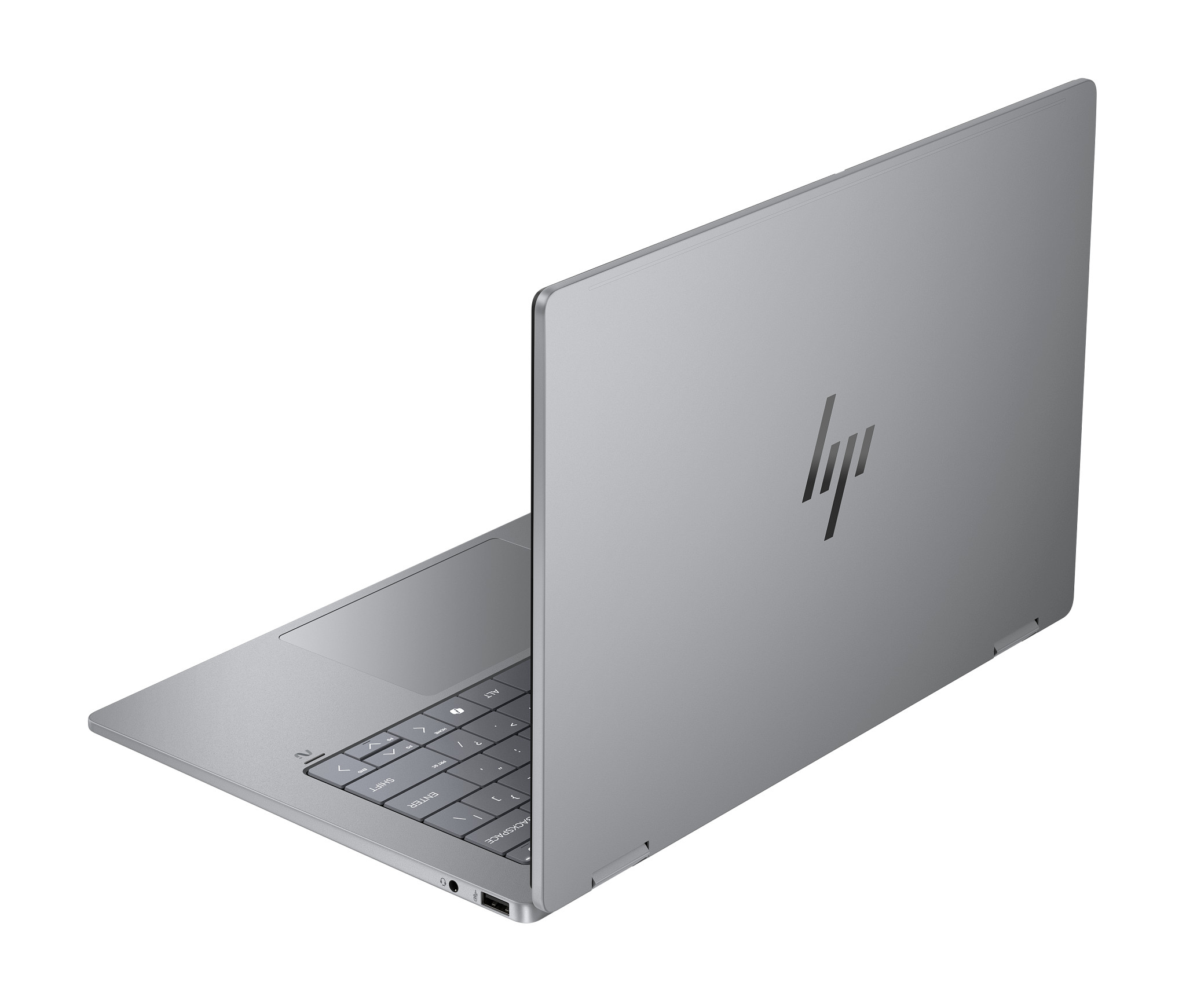 Silberner Laptop geöffnet mit schwarzem Bildschirm und farbenfrohem Hintergrund.
