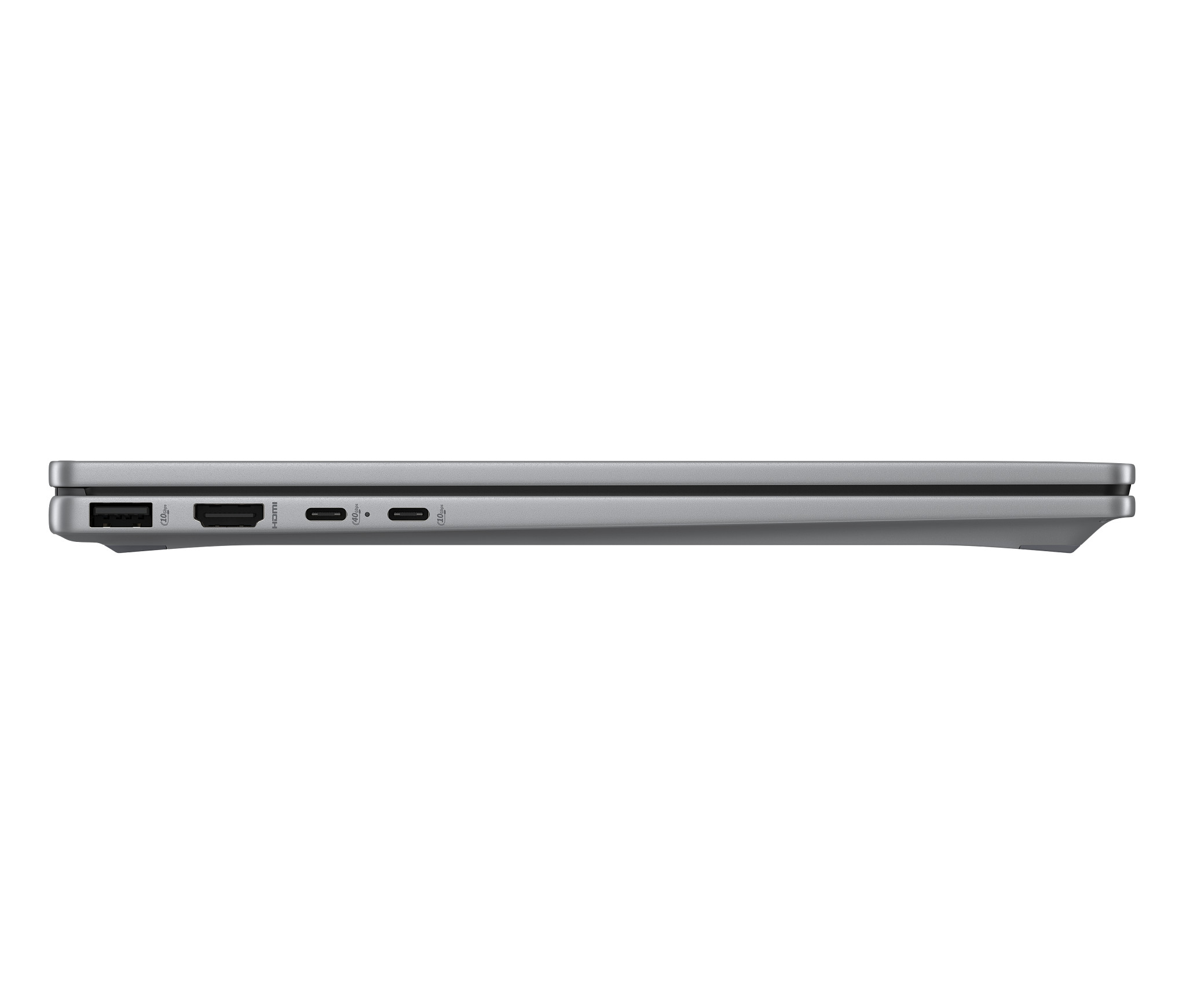 Seitenansicht eines silbernen Laptops, geschlossen. Anschlüsse sichtbar.