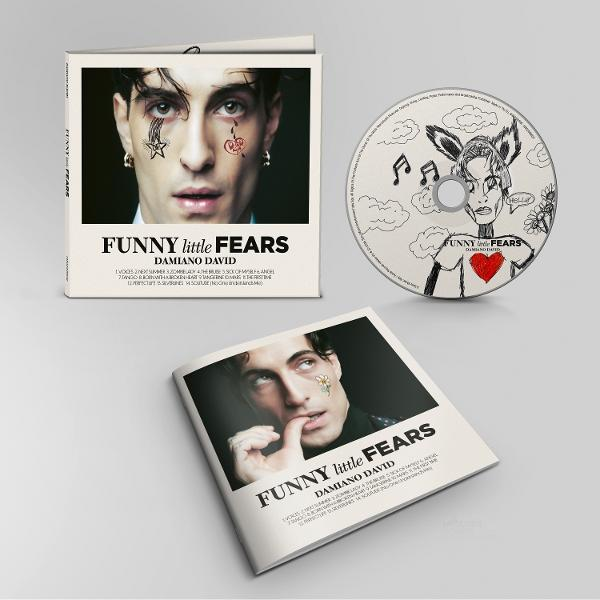 A 'Funny Little Fears' album borítója és CD-je Damiano Davidtől, műalkotással és szöveggel.